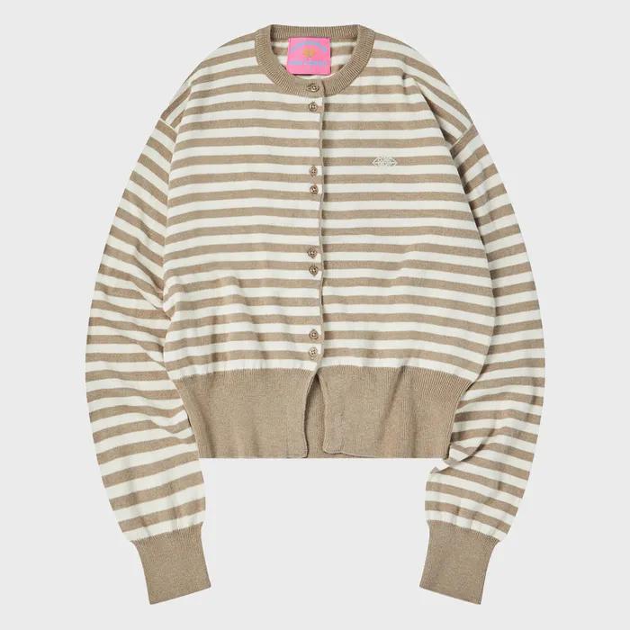 W BUTTON STRIPE CARDIGAN [BEIGE]
