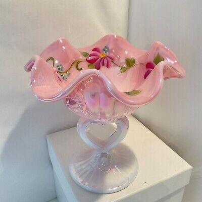 Fenton 유리 광택 로잘렌 핑크 하트 그릇 꽃병 손으로 칠하고 서명 있음