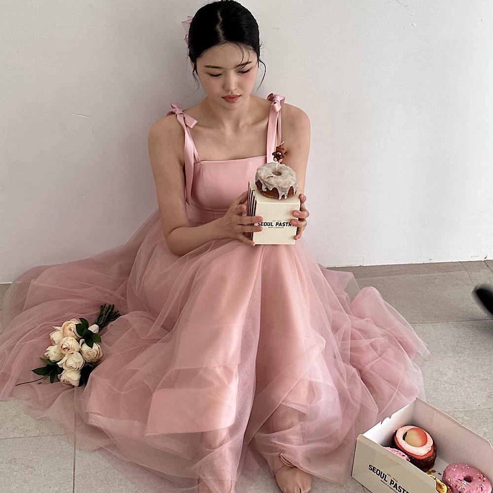 (대여) 타낫 핑크 튤 미카도 리본 유색 셀프웨딩 촬영 드레스 피로연 2부