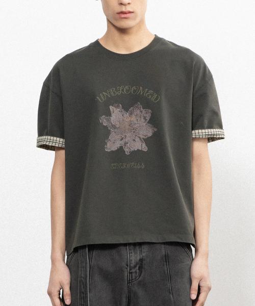 드라이 플라워 크롭 롤업 티셔츠 [워시드 차콜]