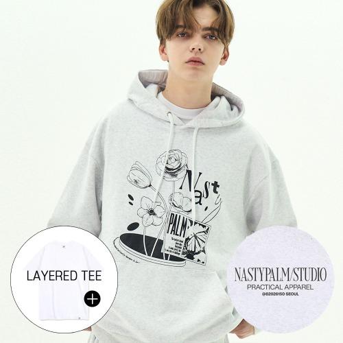 플라워 레터링 로고 후드티셔츠 화이트멜란지