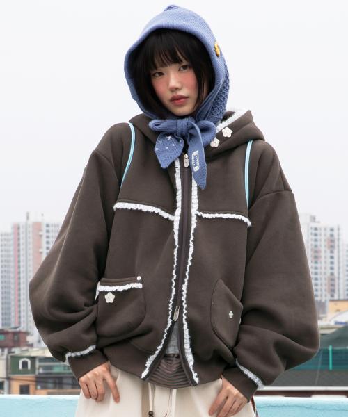 WXJ023 리에 네코 레이스 엄청난 기모 후드집업 (BROWN)