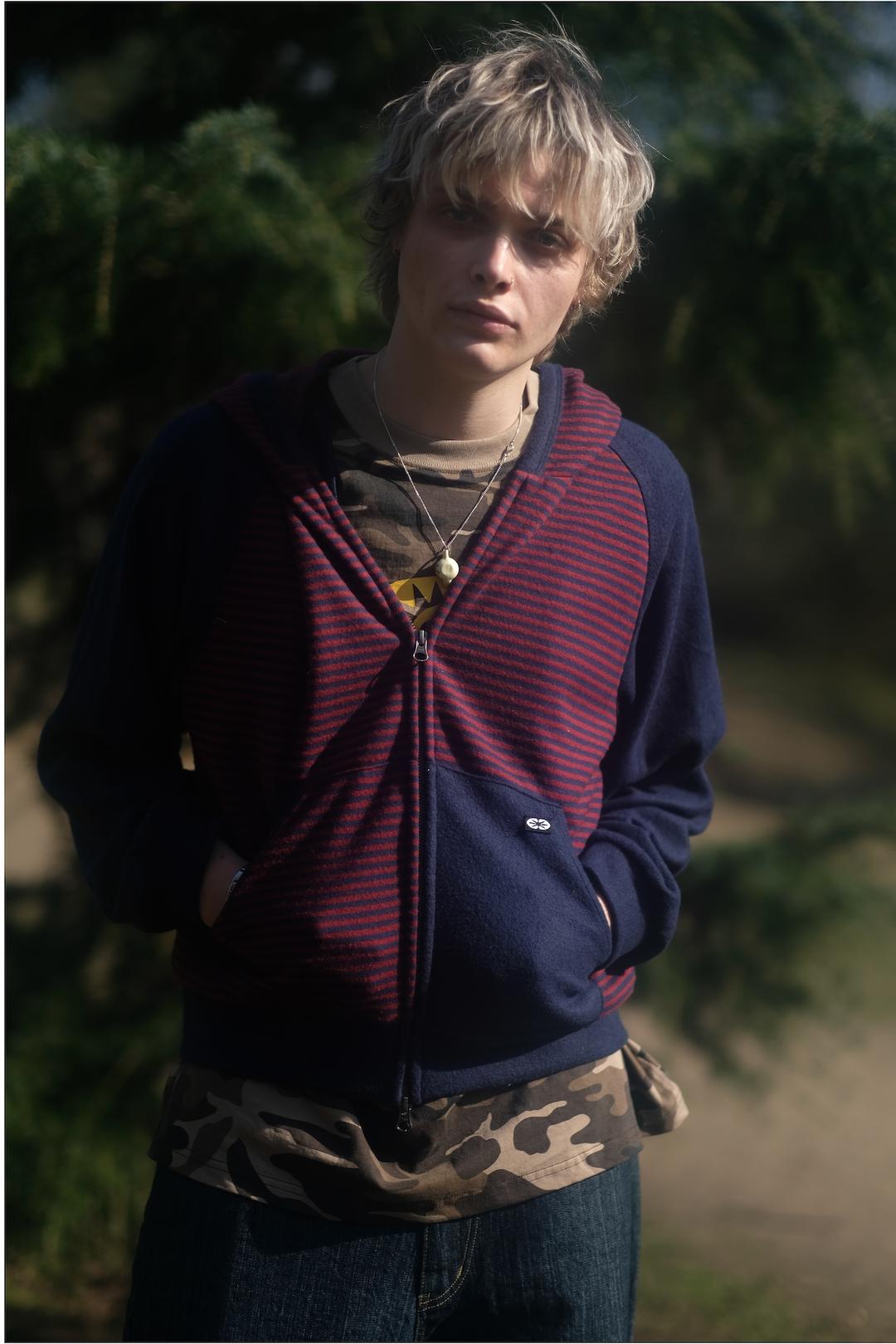 Unbalanced Stripe 2way Hoodie Zip Up Red/Navy