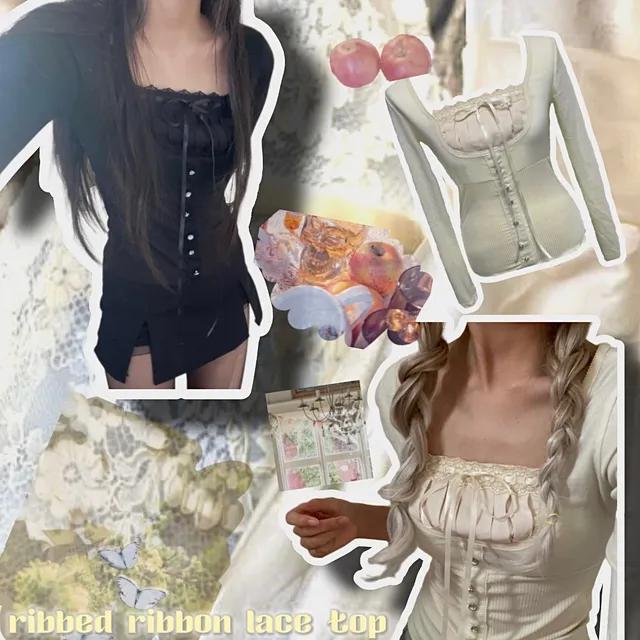 [당일출고/BEST] 골지 리본 레이스 탑 (핀터레스트 빈티지 키치 y2k)