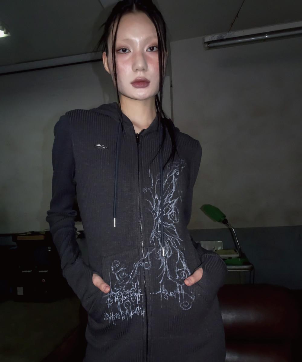 Knitted long hoodie zip-up (Charcoal)