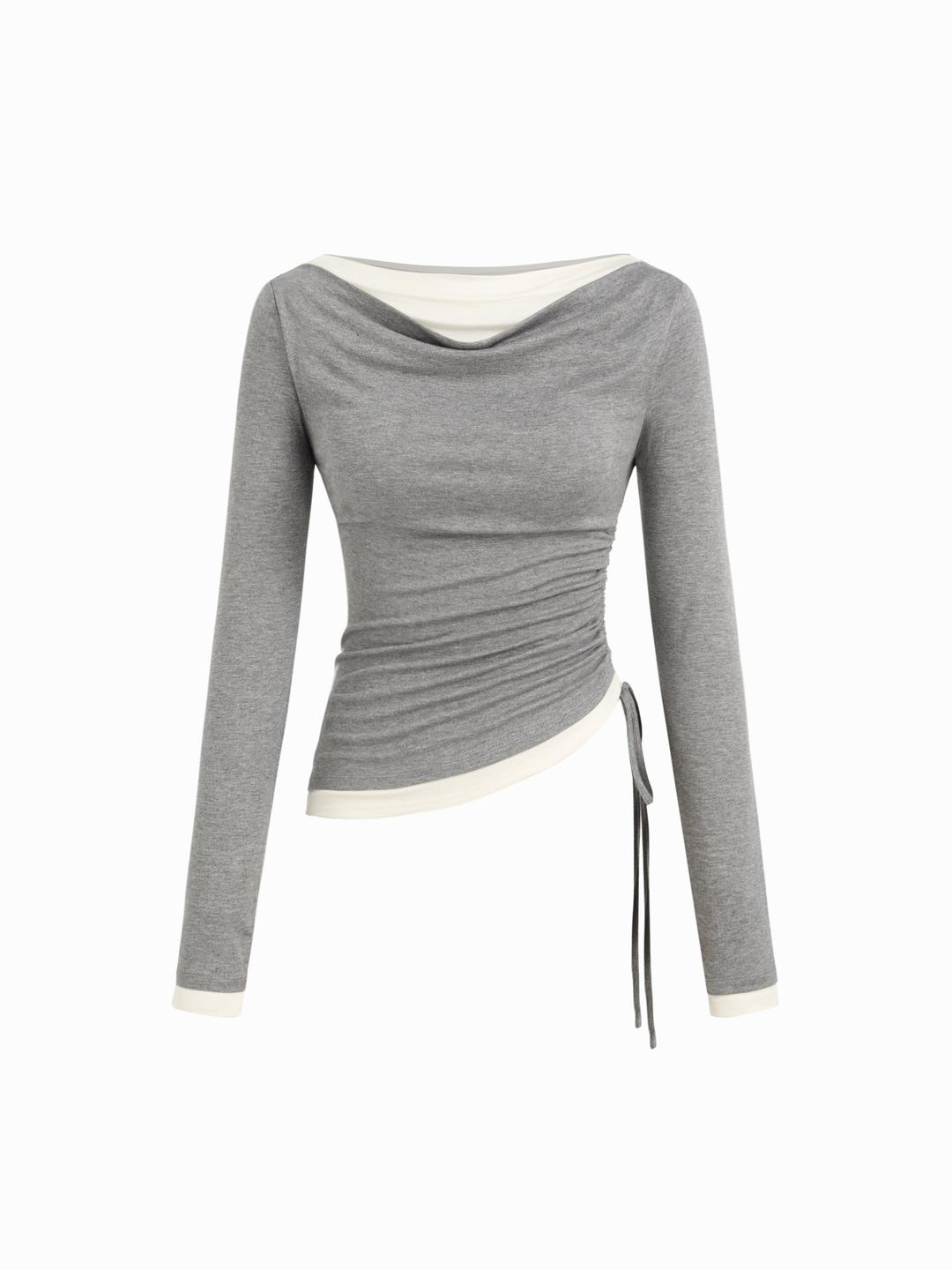 Boat Neck Two Tone Drawstring Ruched Asymmetrical Hem Top
