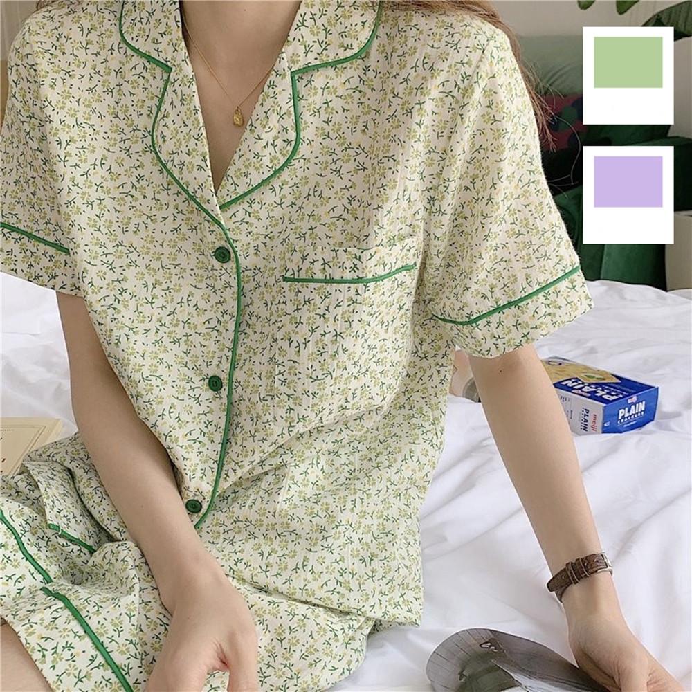 여자잠옷 꽃무늬 홈웨어 파자마세트 초록색 보락색 2컬러