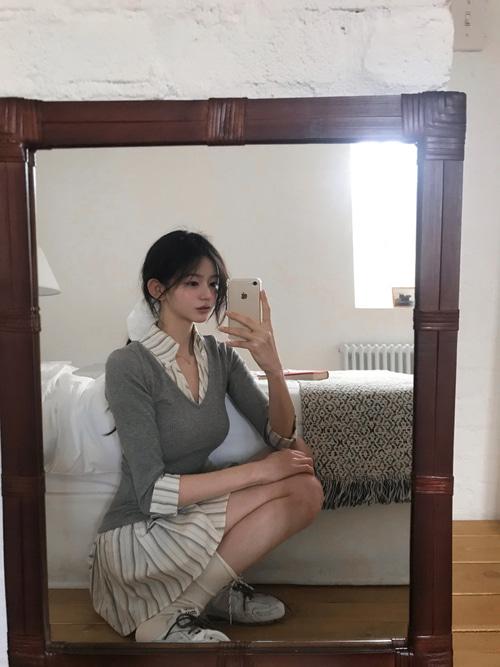 잔느 [크림숏 당일발송] [카피주의] 데이미 레이어드 셔츠 원피스 (숏,롱ver)