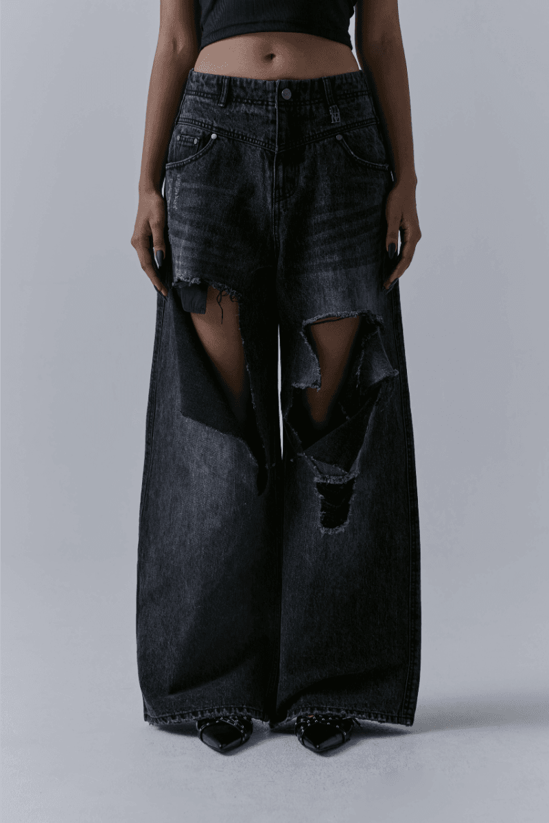 Flip Cut-out Damage Denim Pants [ Black ]