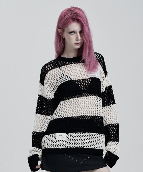STRIPE HEART MESH PULLOVER