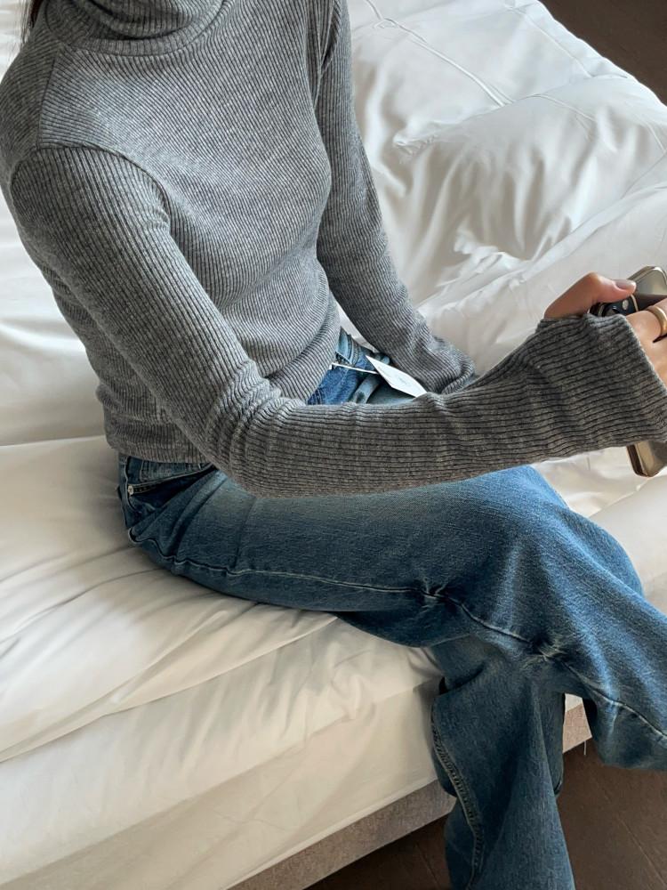 핸드워머 골지 세미크롭 폴라티셔츠(블랙,카키,블루,그레이)