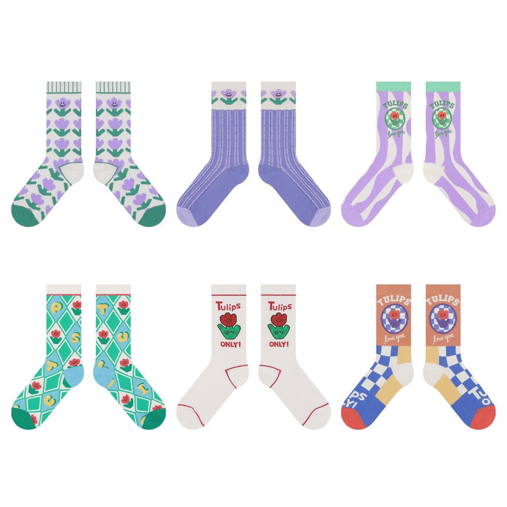 튤립패턴 프린트삭스 6종 유니크디자인 일러스트 귀여운양말