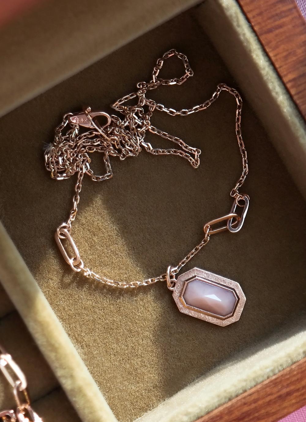 14K 18K 로즈컷 사각 핑크 오팔 목걸이