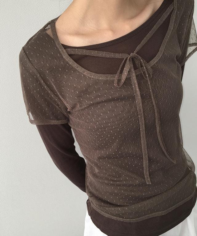 데일리쥬 [무료배송] 쿠오카 시스루 도트 레이어드 반팔 티셔츠