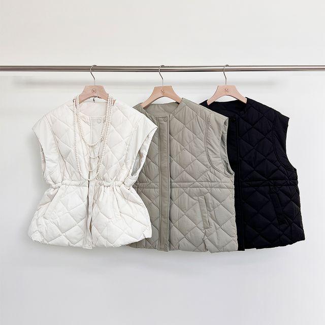 허리 스트링 퀼팅 다이아 루즈핏 경량 패딩 조끼 베스트