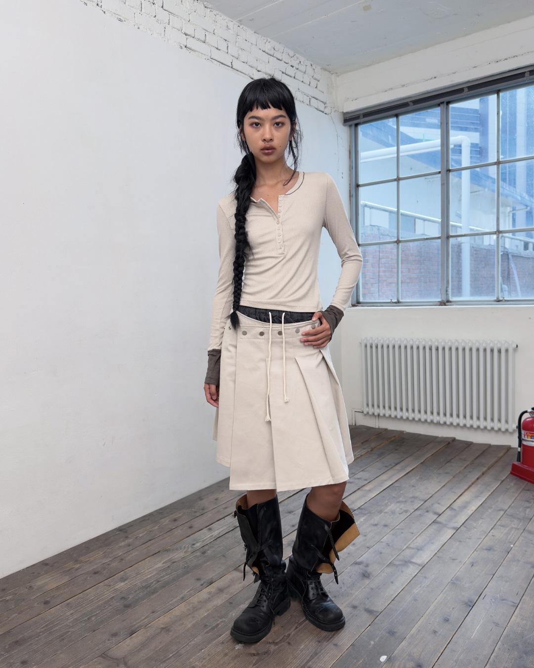 MIX POINT LONG SLEEVE BUTTON T-SHIRT-BEIGE