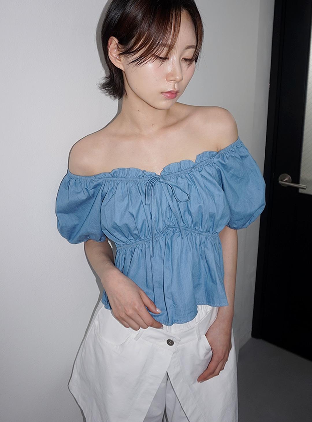 연청 진청 데님 오프숄더 투웨이 셔링 밴딩 블라우스