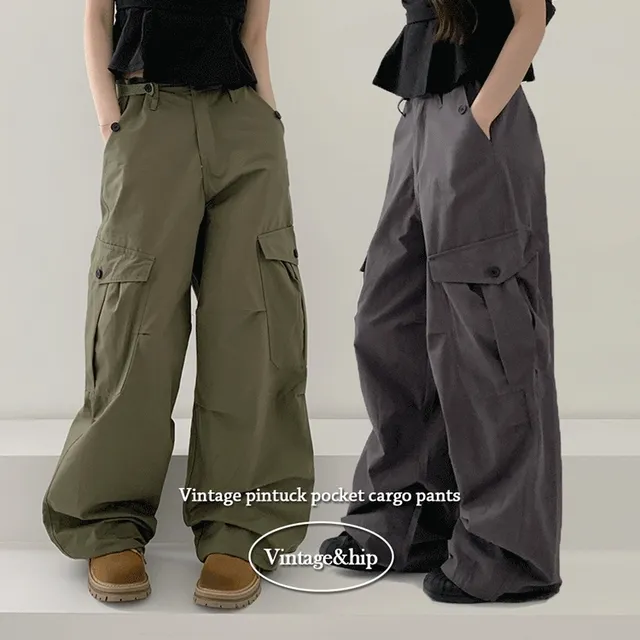 *힙코디추천[모델극찬/핏보장🖤] *허리조절* 배키 캥크링 치노 비죠 버튼 빈티지 포켓 핀턱 카고 와이드 팬츠 - 4color