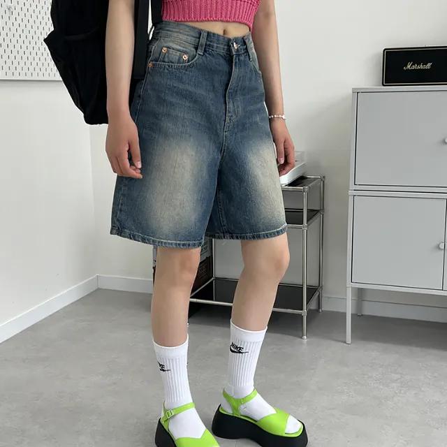 시와 4부 와이드 데님 팬츠