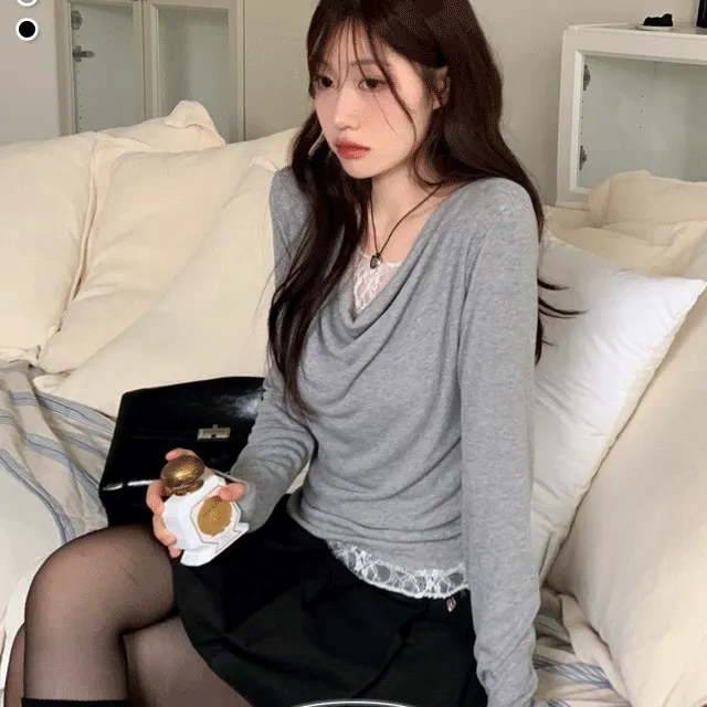 [레이스일체형ෆ군살커버말라핏]이연 텐션 여리핏 드레이프 셔링 레이어드 레이스 골지 롱슬리브 티셔츠 3color