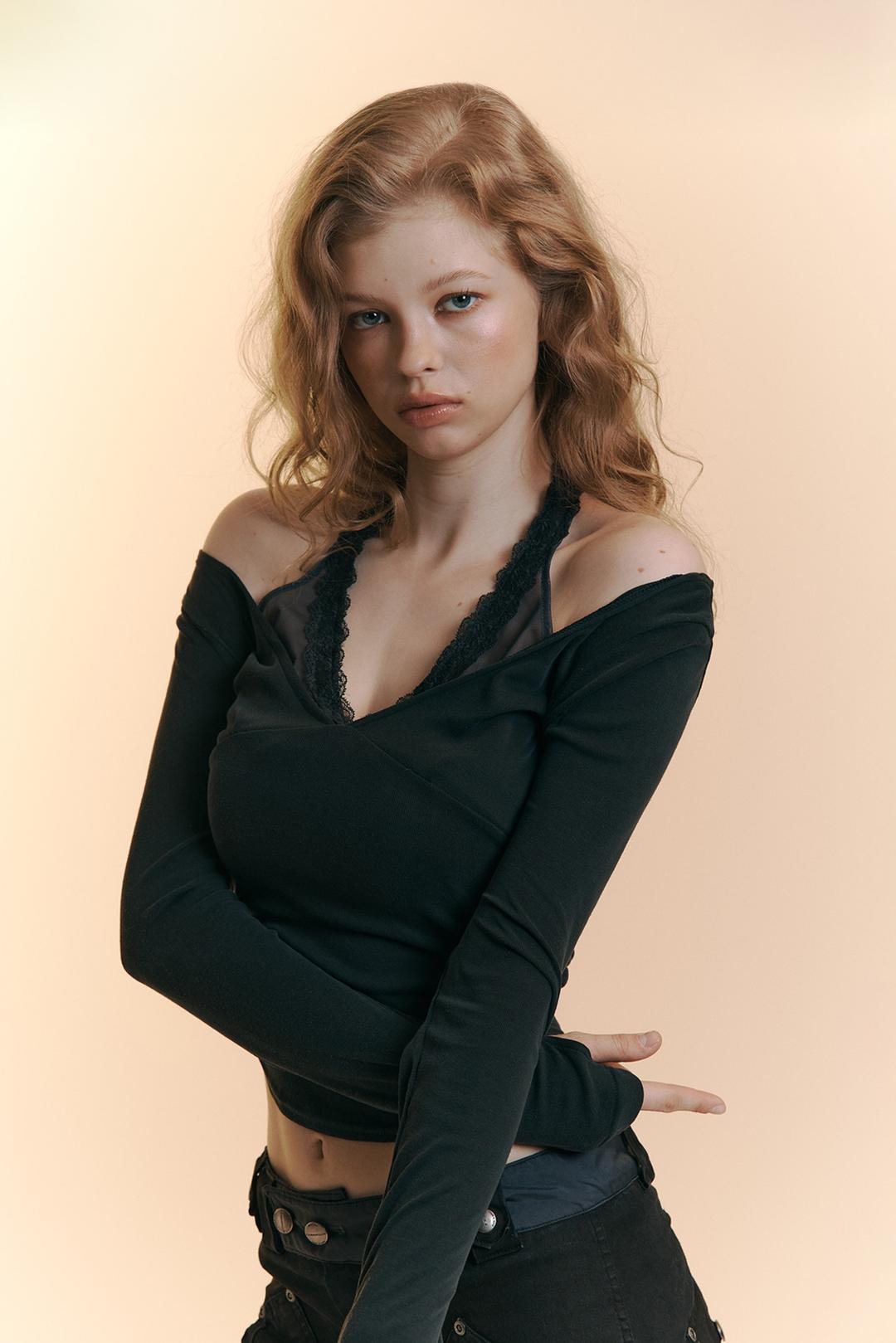 Amelia Lace Halter Long Sleeve Top (Cool Charcoal)