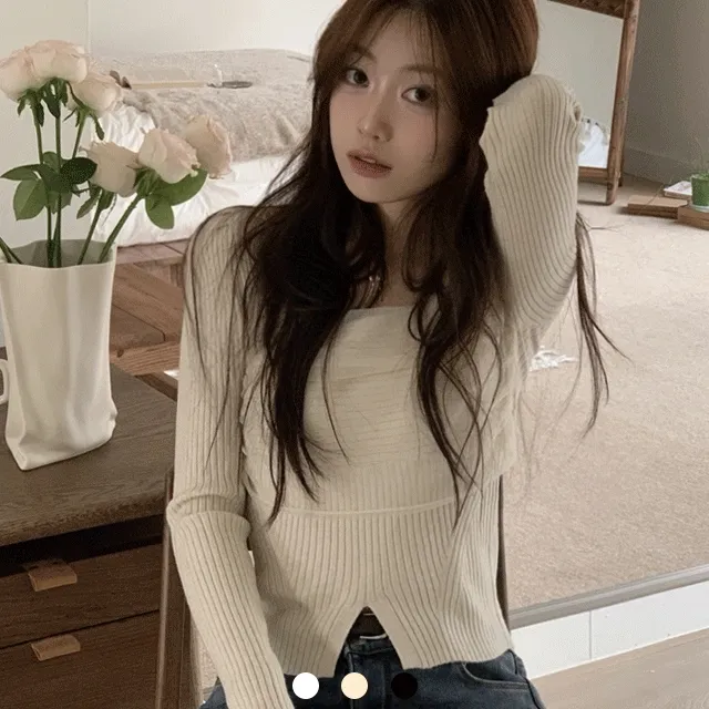 2월중순/말입고[쉬폰ෆ]제이니 트임 쉬폰 레이어드 여리핏 퍼프 골지 크롭 니트 3color