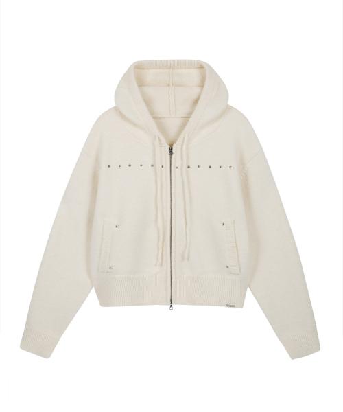 Studded Knit Hood Zip Up - Ivory