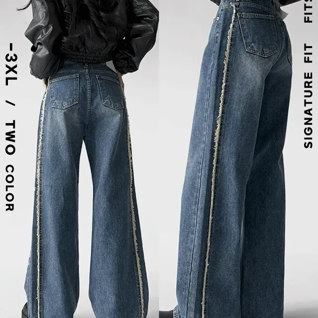 [~3XL] 사이드 라이너 와이드 일자핏 데님 팬츠