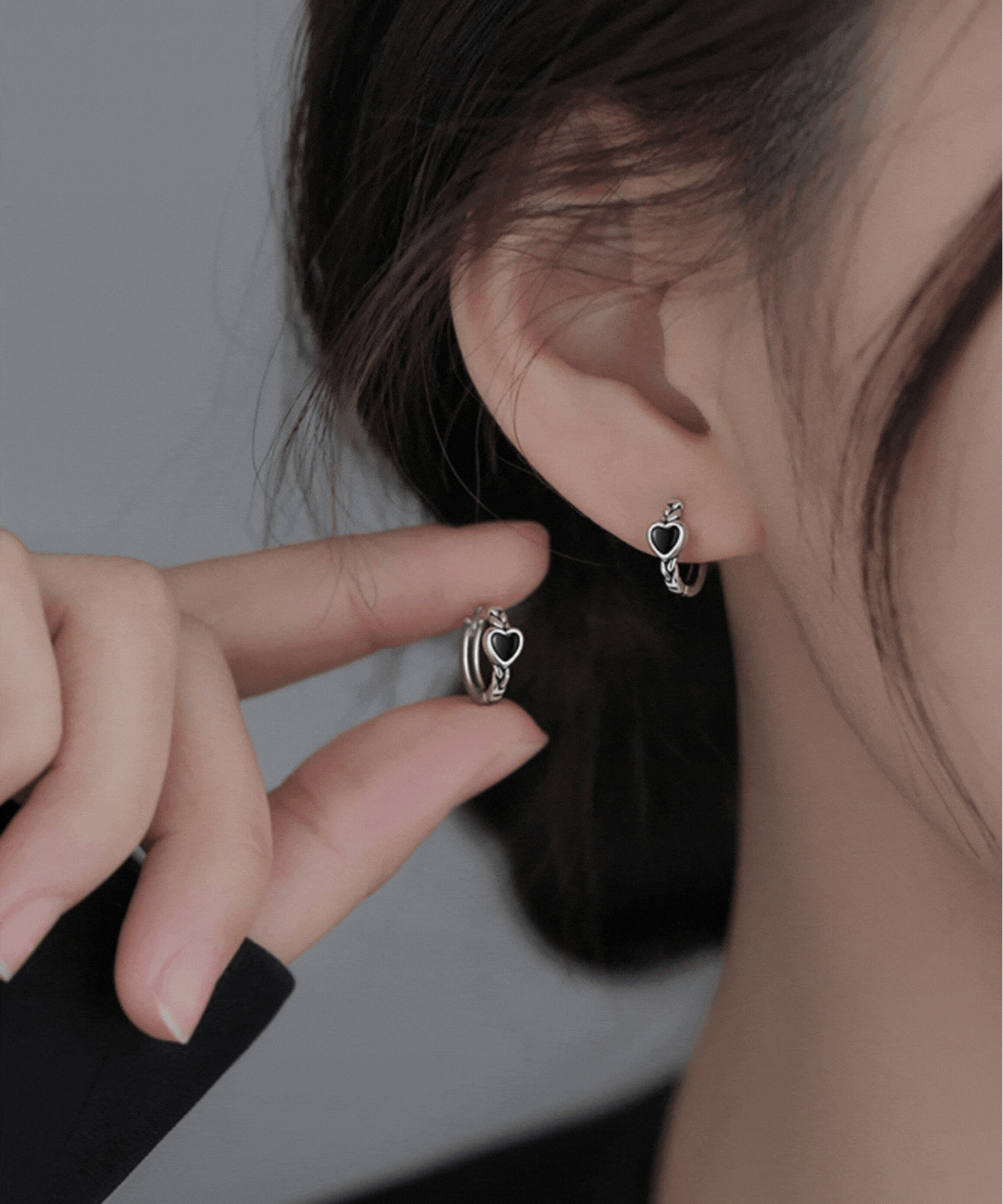 실버925🖤블랙 하트귀걸이 원터치 귀걸이 실버 링 하객룩 데일리룩