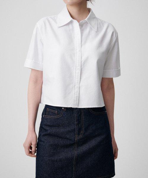 우먼즈 옥스포드 크롭 반팔 셔츠 [화이트]