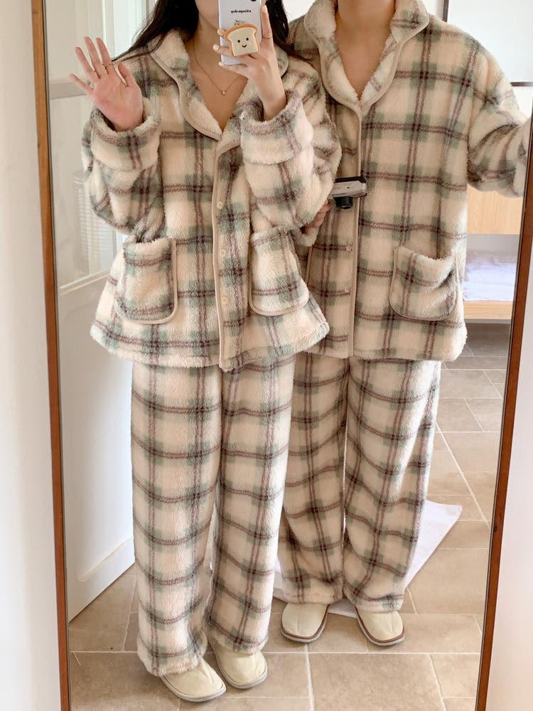 (커플잠옷) (버버체크잠옷세트) 수면 여성 잠옷 남성 겨울 신혼 연인 파자마 빅사이즈