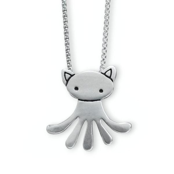 Cat-Creature Pewter Necklace - Cat Octopus Hybrid Pendant on Adjustable Stainless Steel Chain