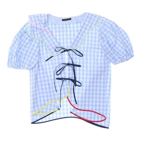 가연리 (L)블루 깅엄 리본 블라우스