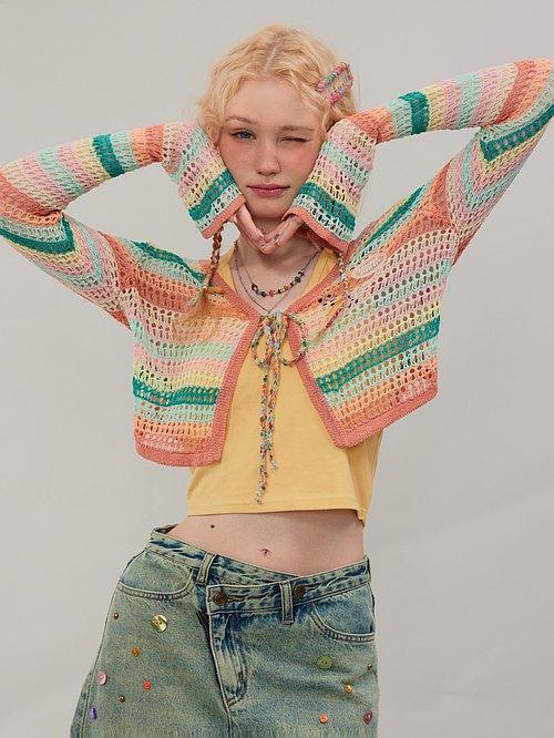 ziziFei autumn American retro short paragraph color contrast striped thin jacket hollow sunscreen long-sleeved knitted cardigan women