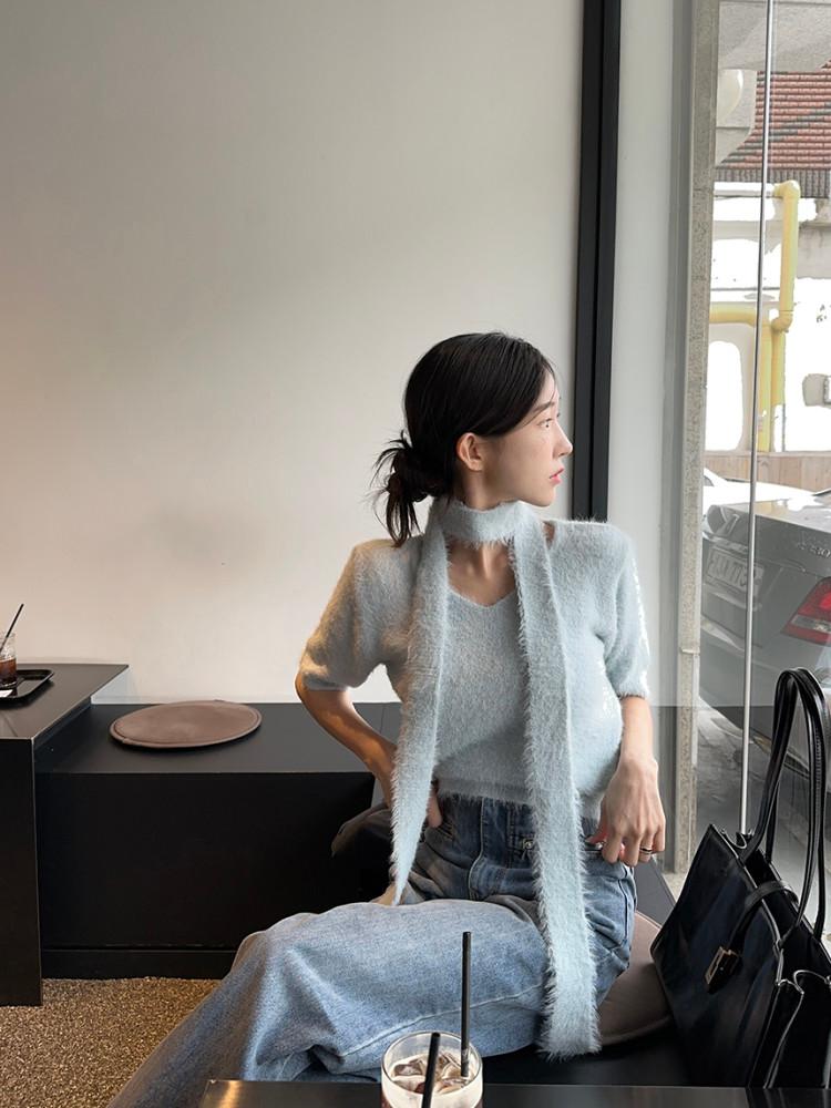 커머스 부클 머플러 반팔 니트 (3color)