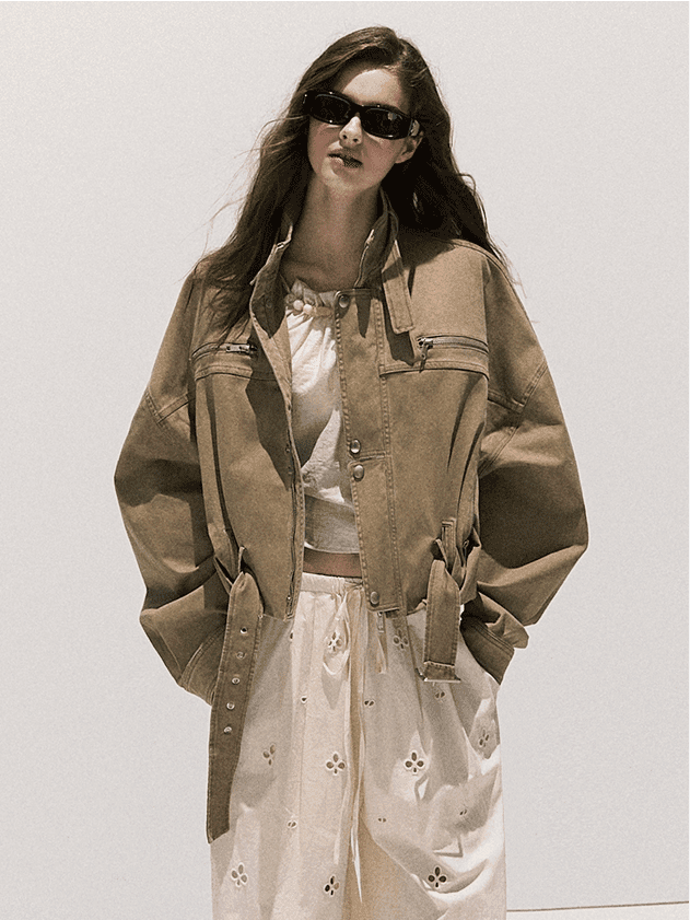 [OAK MOO] Strap Belt Workwear Crop Jacket