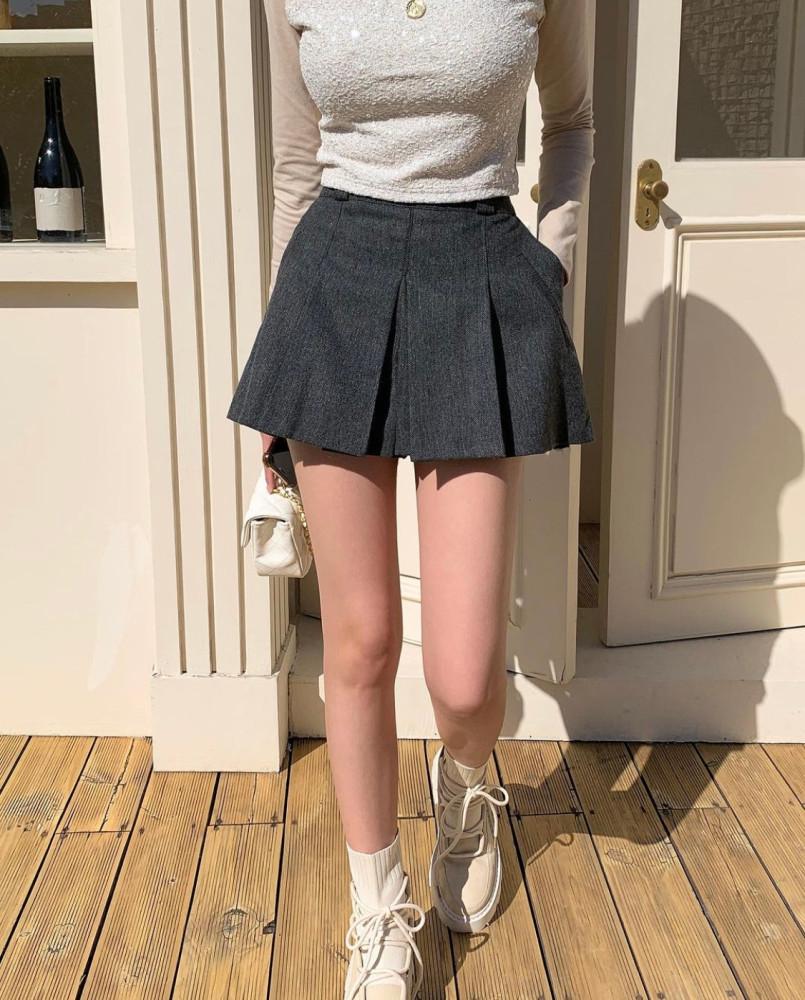 플리츠 울 헤링본 스커트팬츠