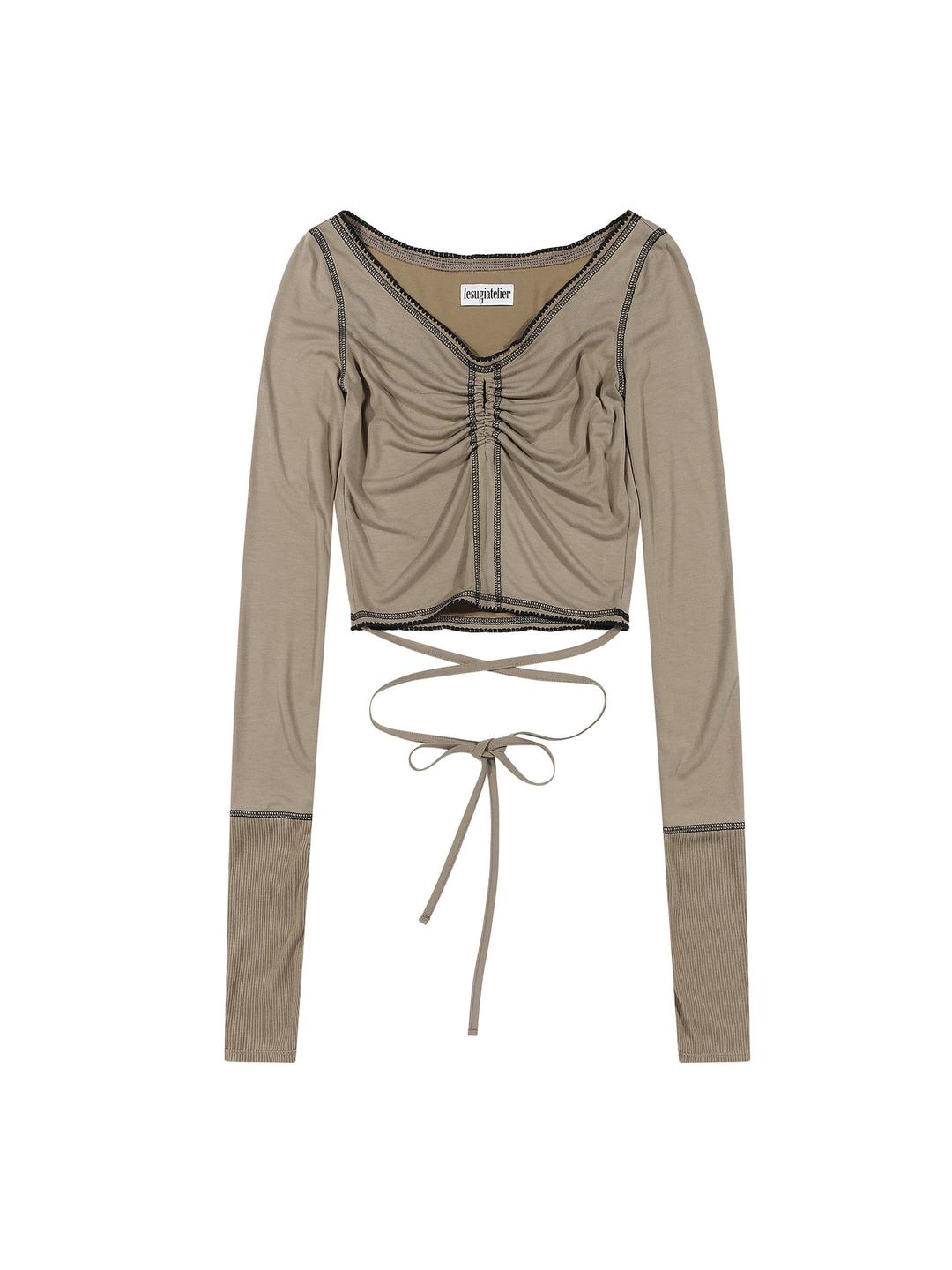 Shirred long sleeve t-shirt / Brown