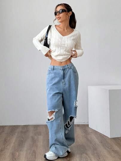 SHEIN MOOSTA V-Neck Cable Knit Sweater
