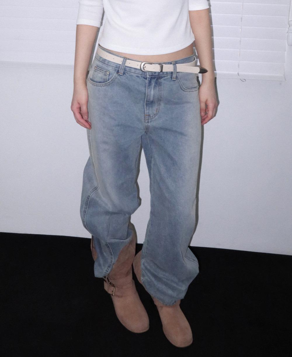 사이드 브러쉬 워싱 연청 와이드 데님팬츠