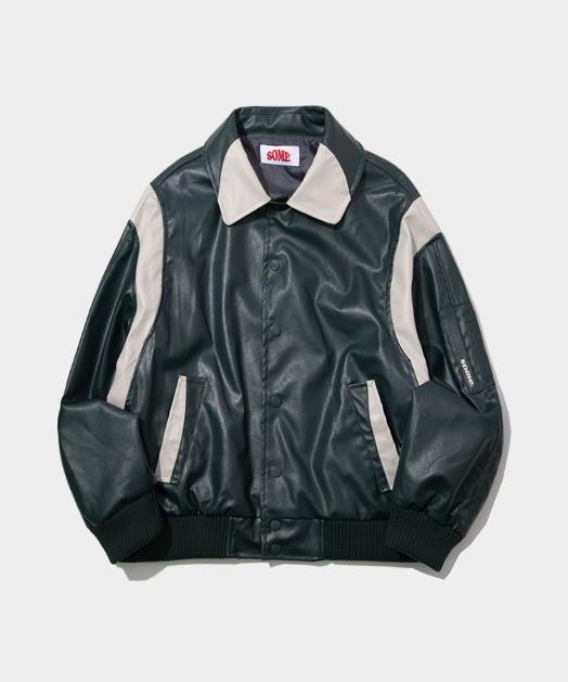 로고 자수 어깨배색 라인 베이직 블루종 레글런 바시티 레더 자켓 점퍼 [그린]