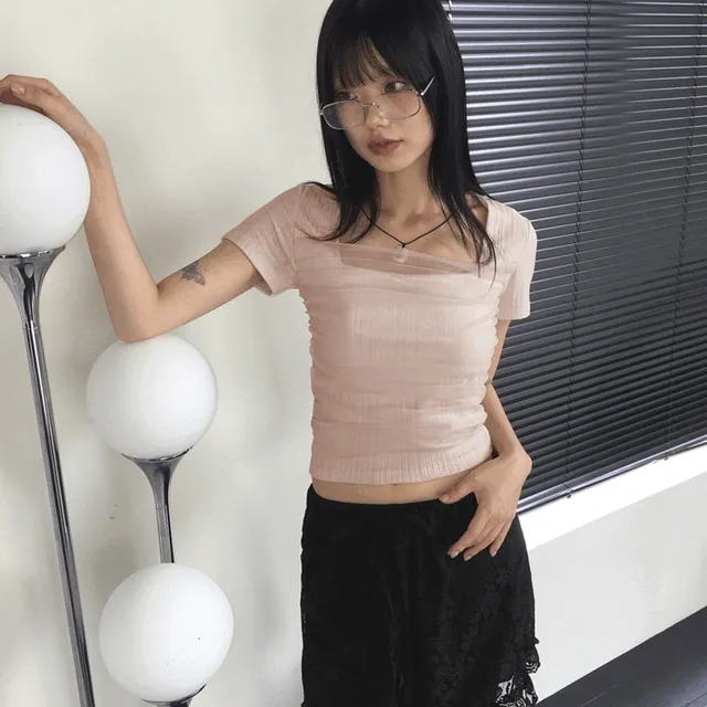 로런 메쉬 망사 시스루 셔링 스퀘어넥 반팔 티셔츠