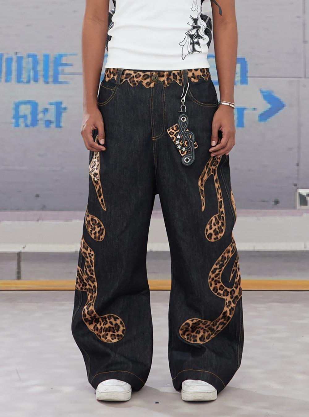 Leopard Embroidery Baggy Denim