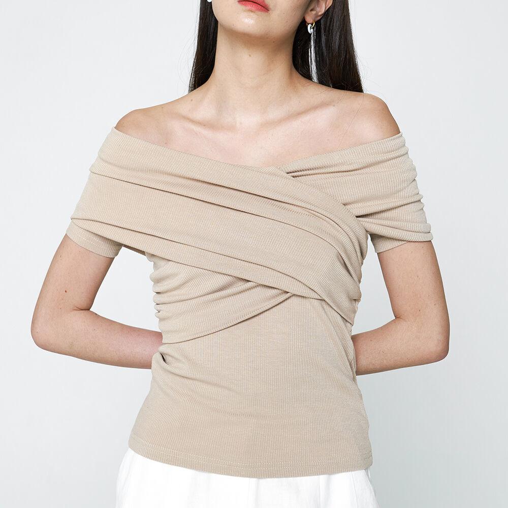 Off shoulder Rib ribbed Slim Twist Short Tshirts Beige