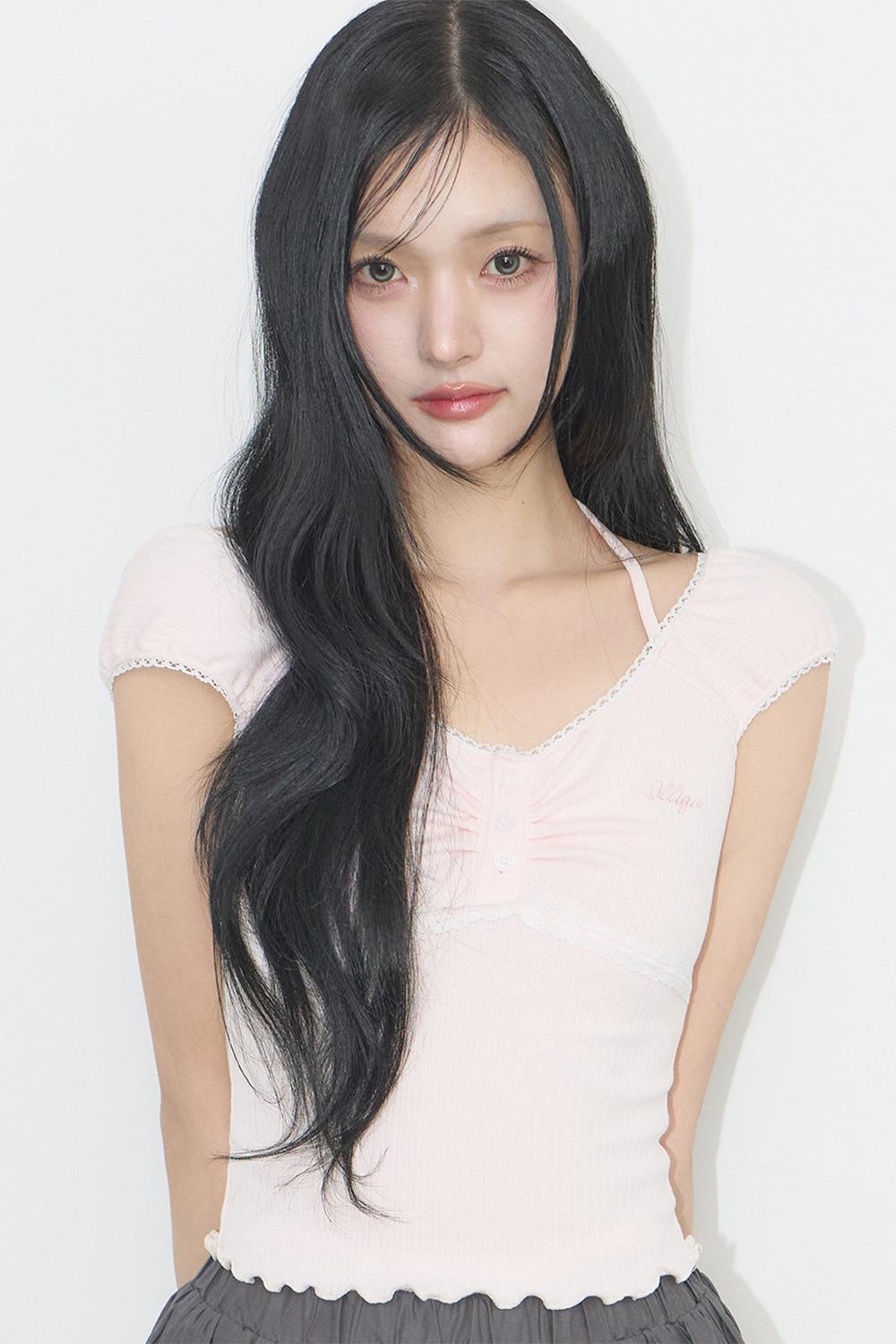 버튼 홀터 슬리브리스 핑크