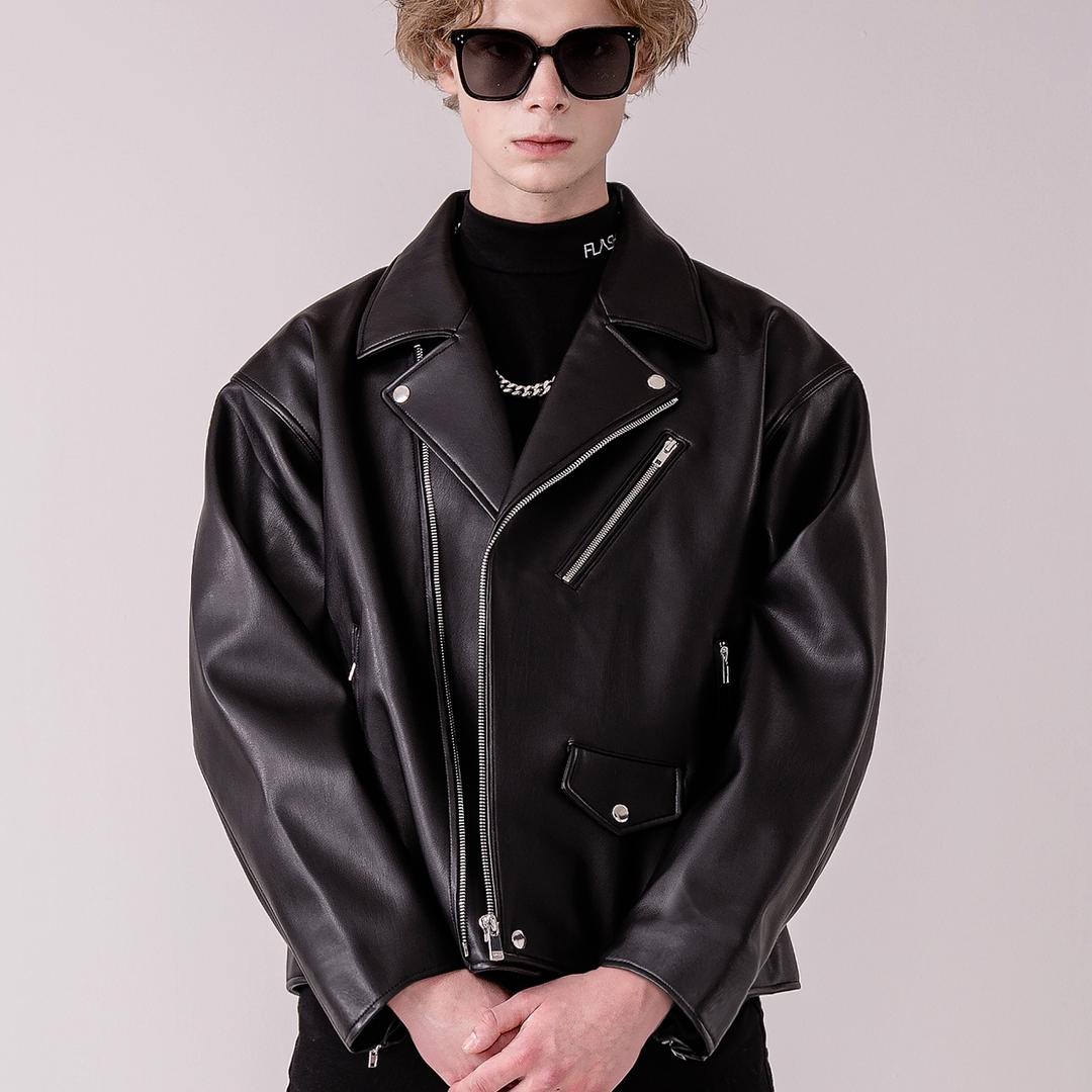 VEGAN LEATHER DOUBLE OVERFIT RIDER JACKET man-BK
