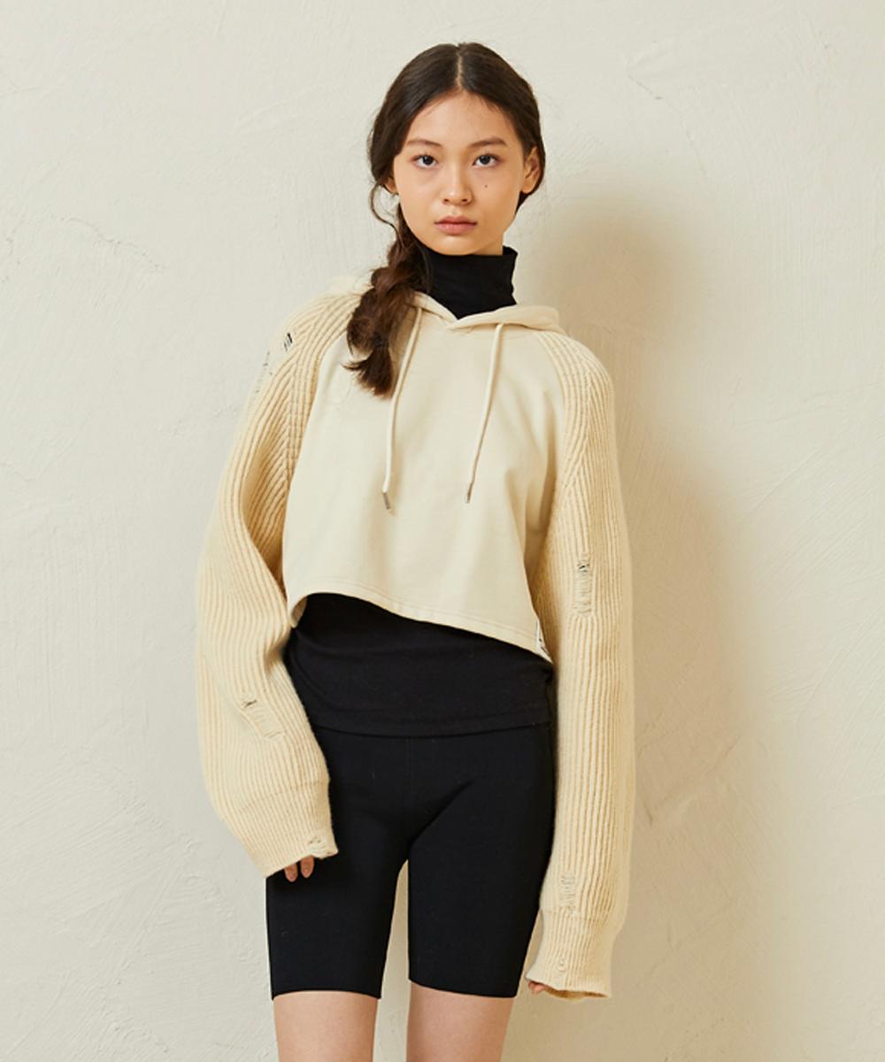 메리노울 니트 패치 후드 긴팔 크롭 티 / 3 colors