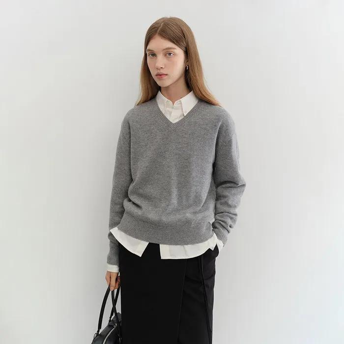 UNISEX CASHMERE V-NECK SWEATER MELANGE GREY_UDSW5C105G2