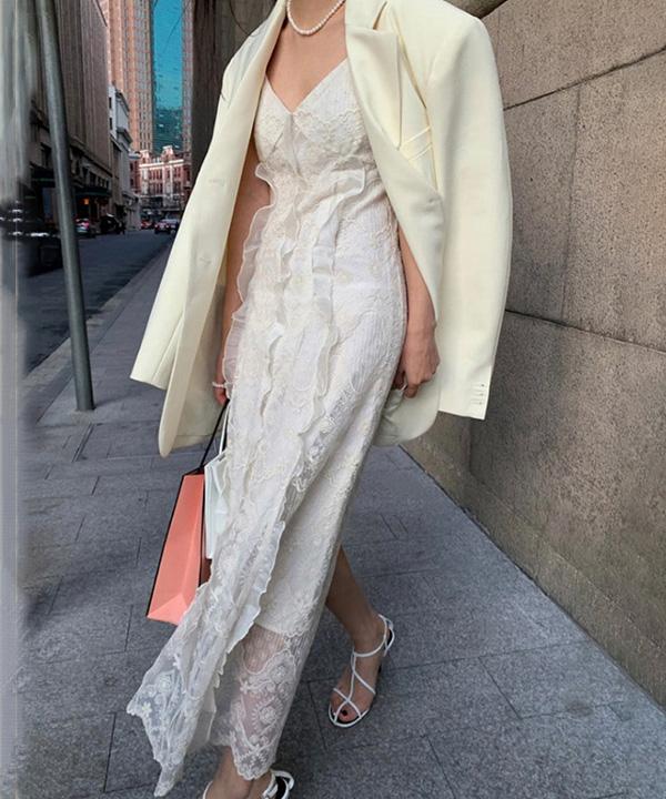 로컷 레이스 슬림 브이넥 화이트 슬립 롱 드레스 원피스