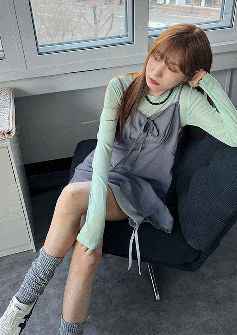 헤이지 리본 레이어드 미니 원피스 (3color)